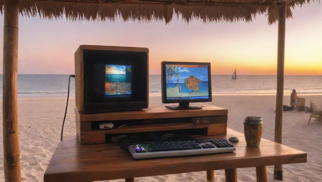 aiartstation art gaming pc set up at a tiki bar on the beach at sunset. the pc is playing an 8 bit video game confident engaging wow 3 widescreen