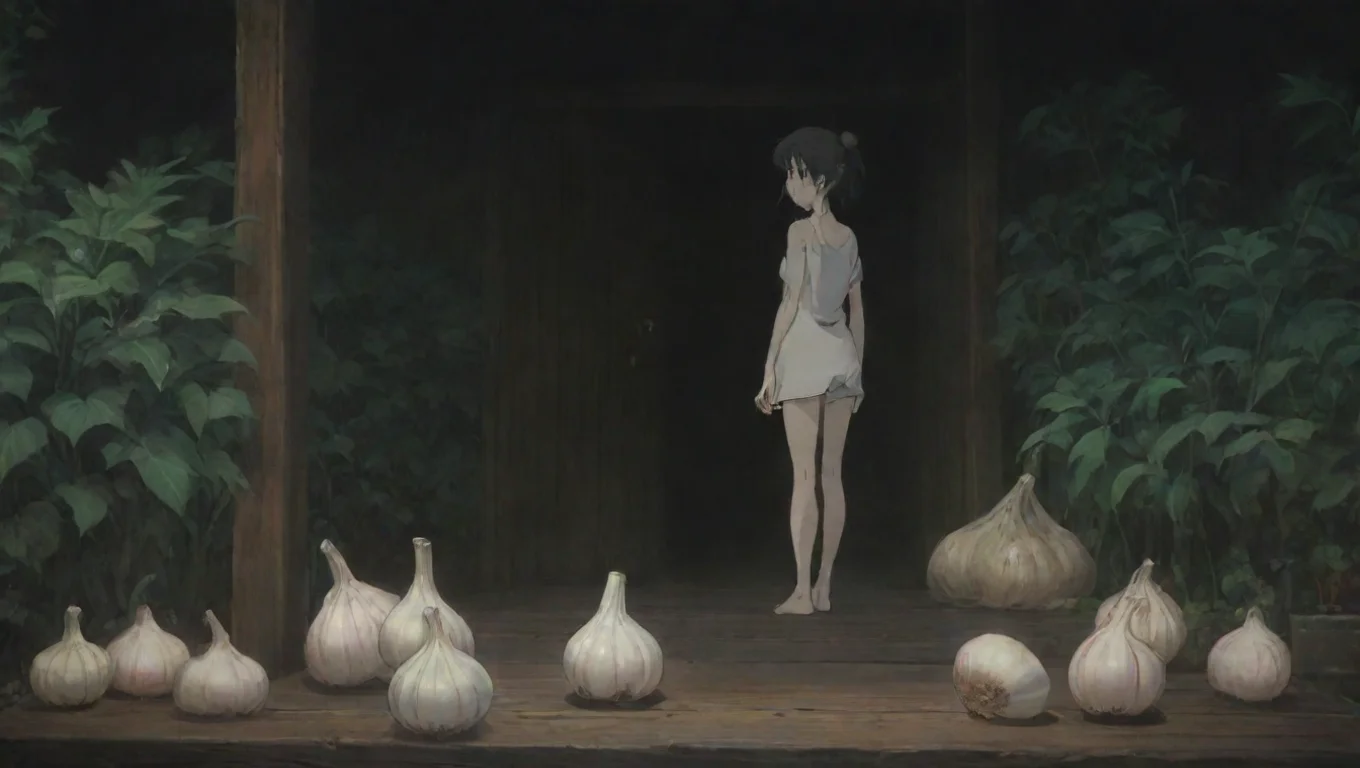 aiartstation art garlic  handing on portch hd ghibli anime aesthetic dark horror 1800 vibe confident engaging wow 3 widescreen