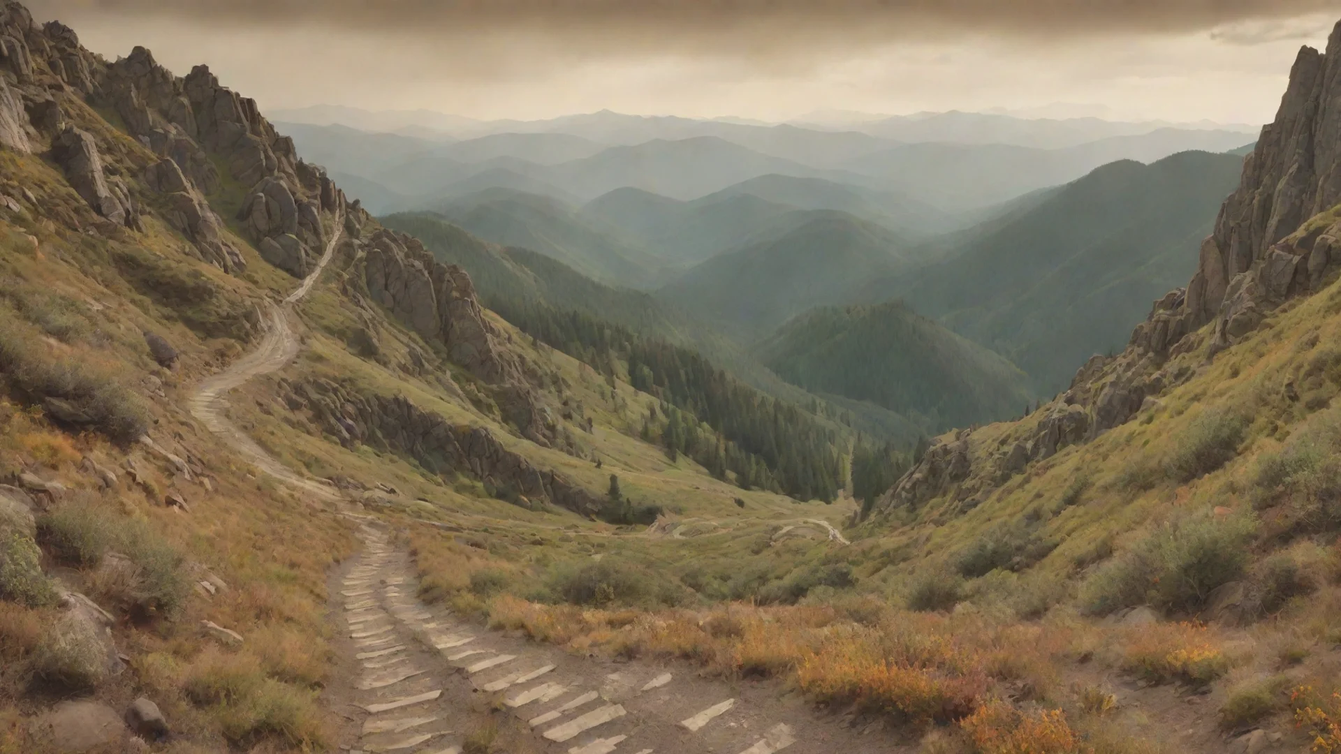 aiartstation art generate an image of a filmstrip that transform in to a winding trail up a mountain. use earthy colors as well as maybe some orange or yellow. confident engaging wow 3 wide