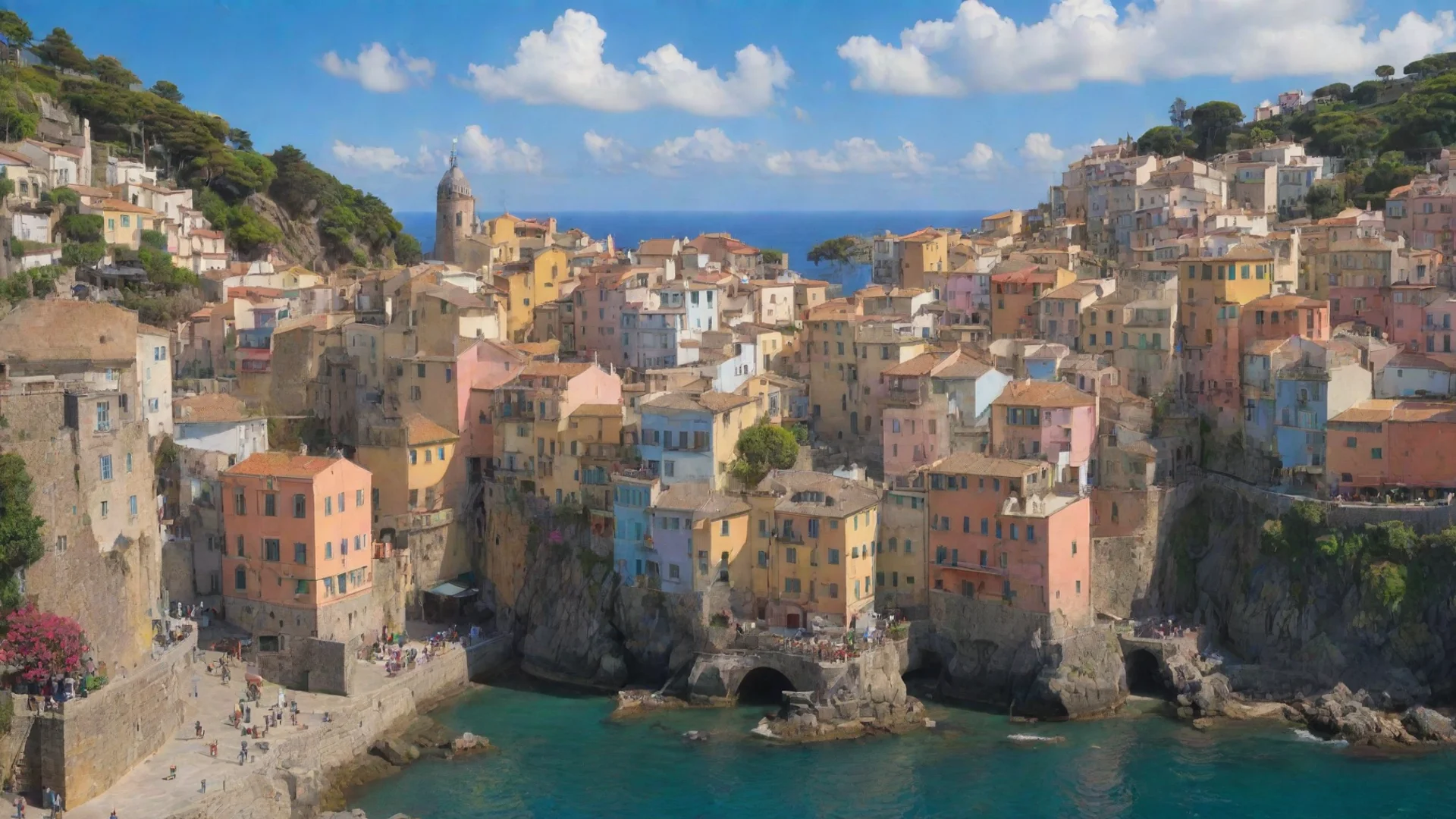 aiartstation art ghibli portuguese coastal town hd aesthetic best quality with strong vibrant colors confident engaging wow 3 wide