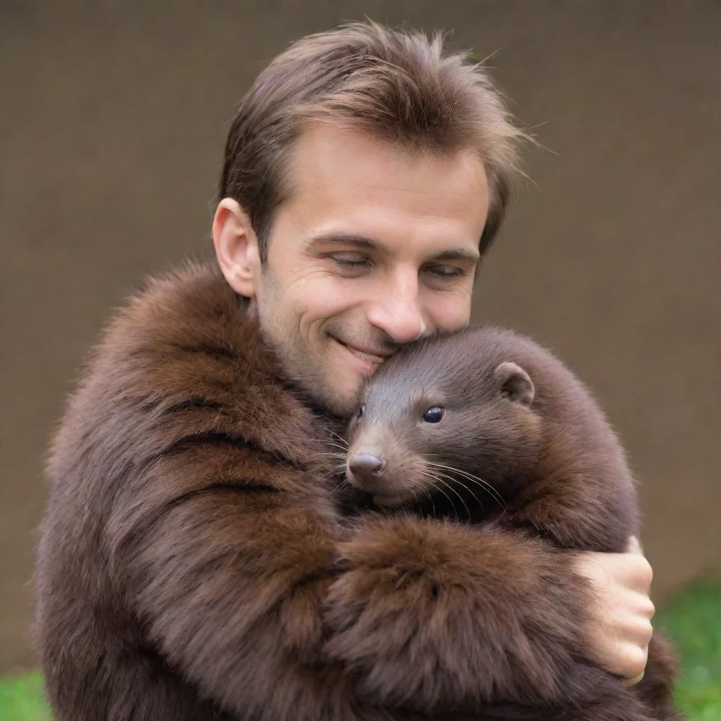 aiartstation art giant brown furry mink hugging a human male confident engaging wow 3