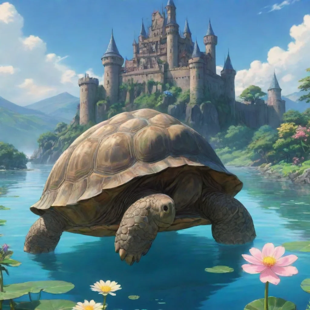 aiartstation art giant tortoise with castle on back giant anime ghibli pristine aesthetic castle flower background water background confident engaging wow 3
