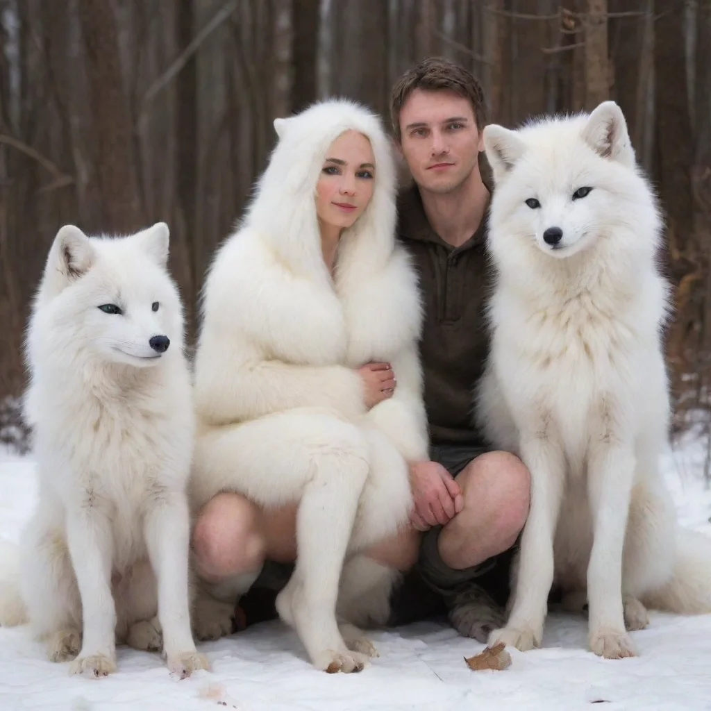 aiartstation art giant white arctic foxes sitting with a male human midtransformation covered in arcticfox fur confident engaging wow 3