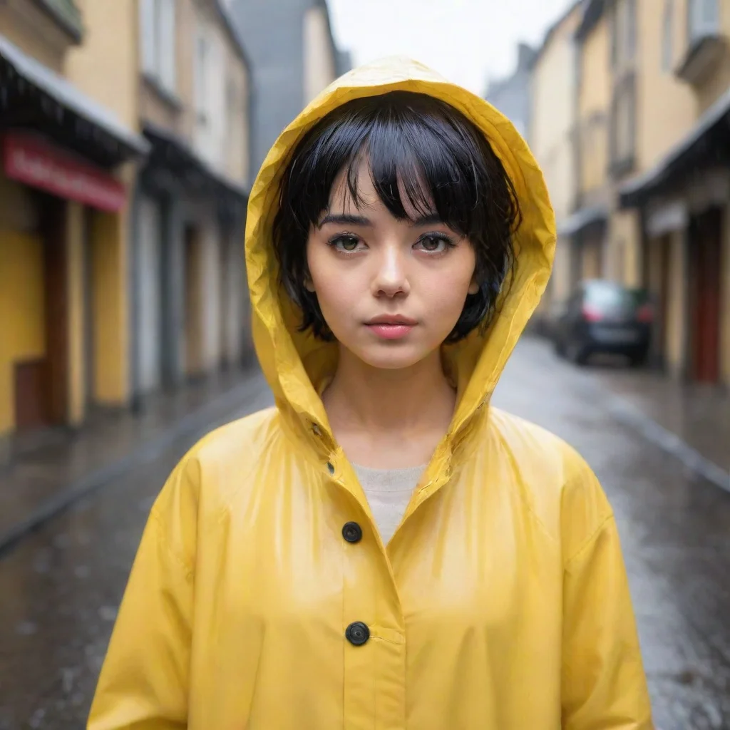aiartstation art girl with short cutted black hair with a yellow raincoat confident engaging wow 3