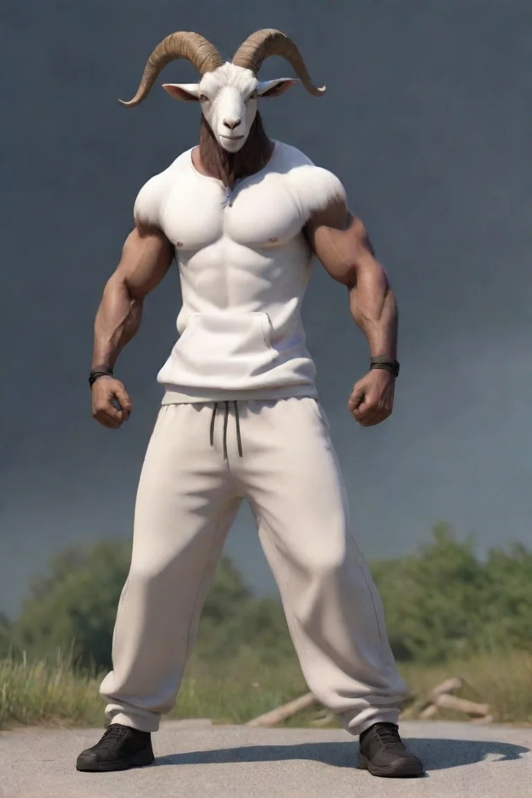 aiartstation art goat powerful arms wearing trackpants human cross goatman hd aesthetic realistic cartoon style epic confident engaging wow 3 portrait