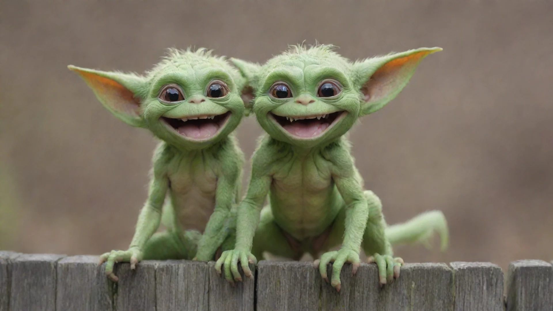 artstation art gremlin sitting on a fence smiling confident engaging wow 3 wide