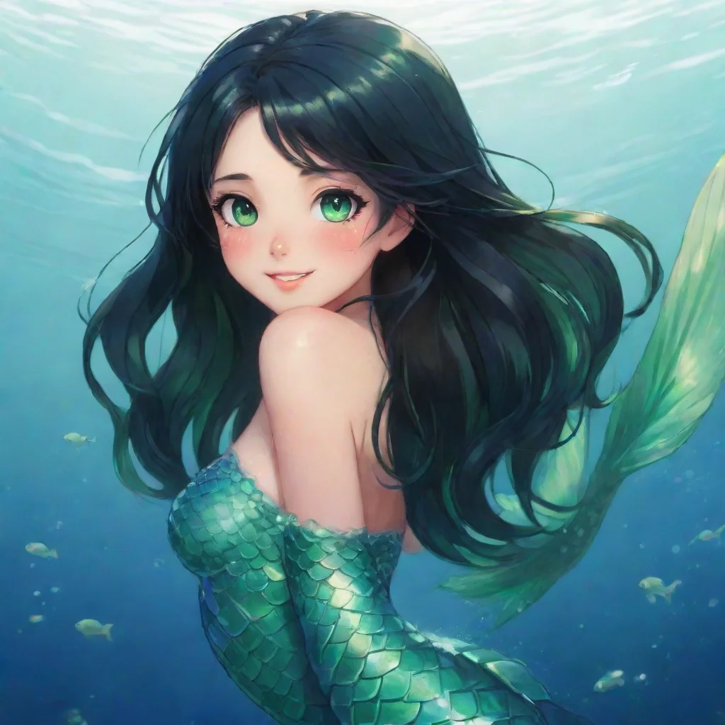artstation art happy anime mermaid with black hair and green eyes confident engaging wow 3