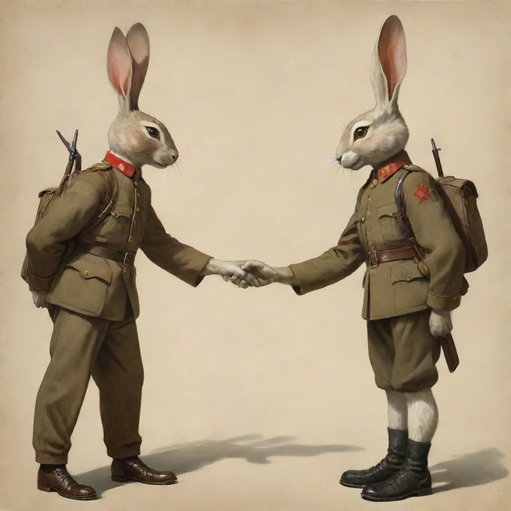 aiartstation art hd propaganda human soldier shaking hands anthropomorphic rabbit confident engaging wow 3