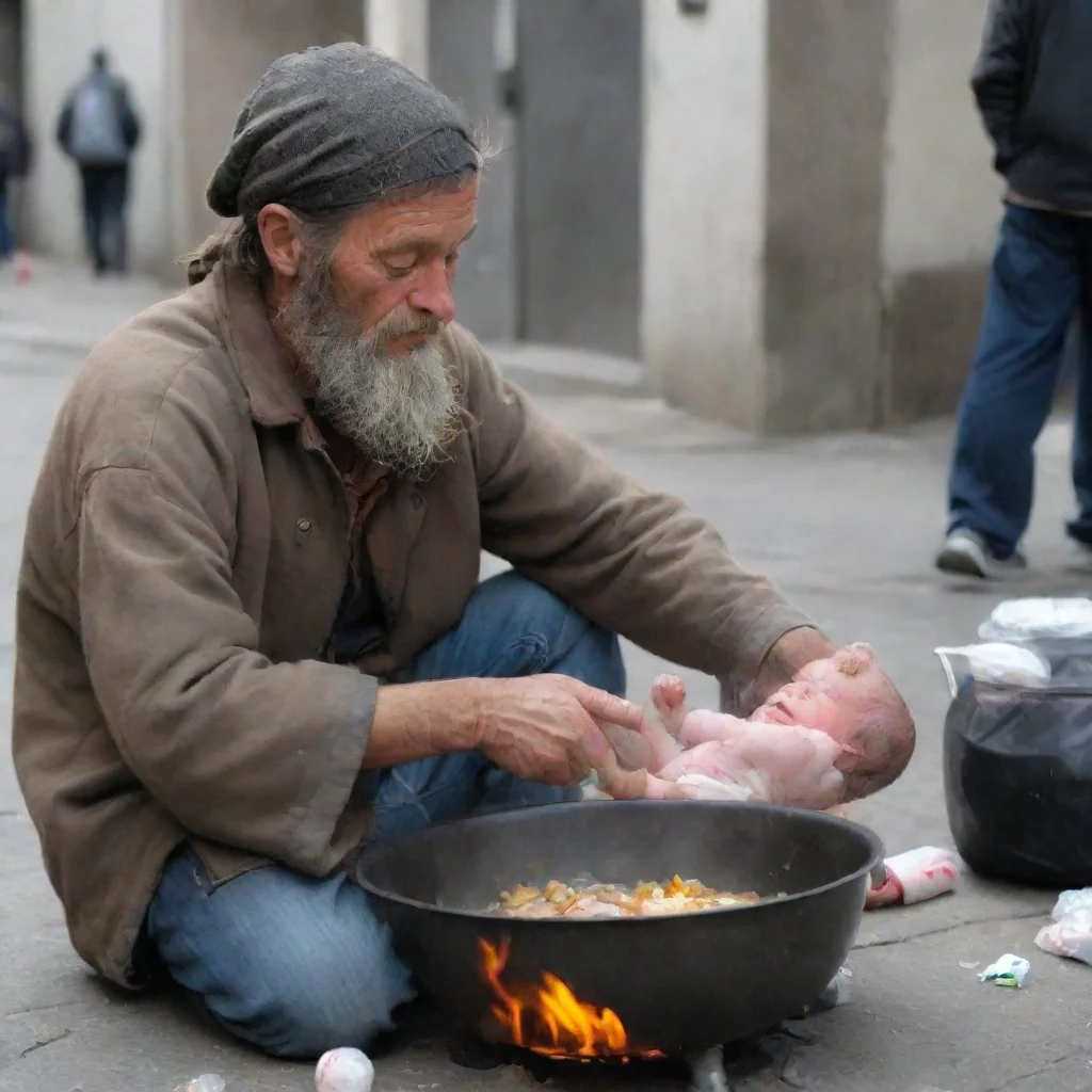 aiartstation art homeless man cooking a baby confident engaging wow 3