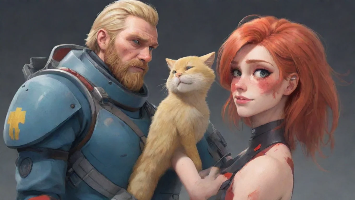 aiartstation art human blonde bearded man swedish space soldier holding a bloody female anthro furry tomboy redhead woman cartoon confident engaging wow 3 widescreen