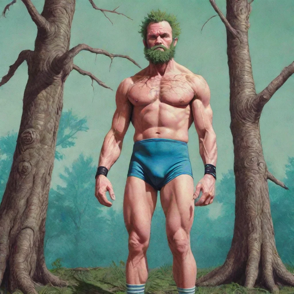 aiartstation art hyper realistic tree man pro wrestler with textures in the style of a risograph and surreal and 1970s illustration confident engaging wow 3