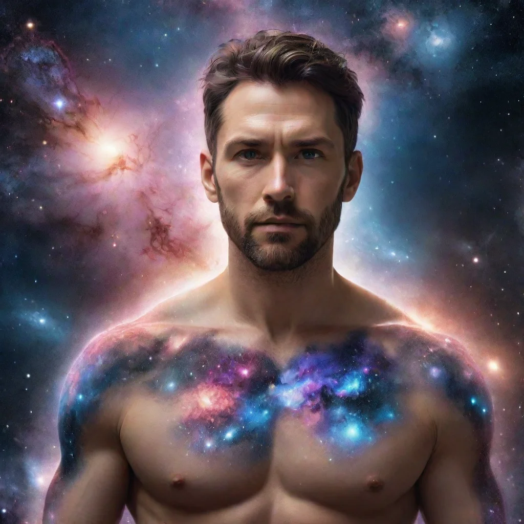 artstation art hyperrealistic man in universe with galaxies and intense elemental life confident engaging wow 3