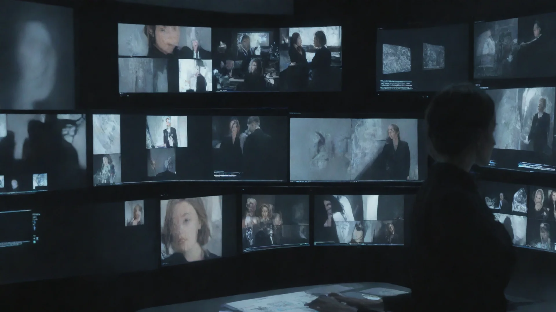 aiartstation art image of a multi screen desktop with ai hollowgram images being operated by an lady agent in  a black suit confident engaging wow 3 wide
