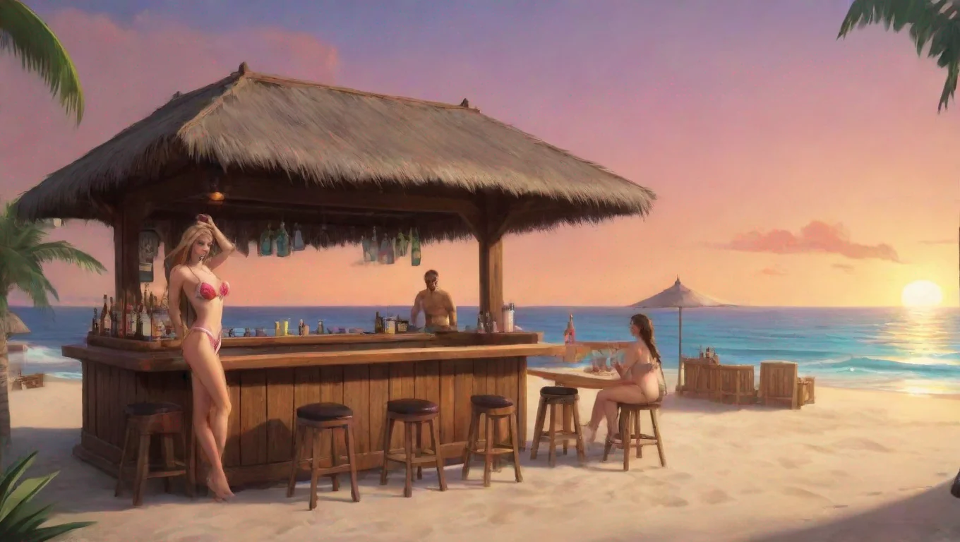 aiartstation art is a girl in swimwear at the bar and a bartender confident engaging wow 3