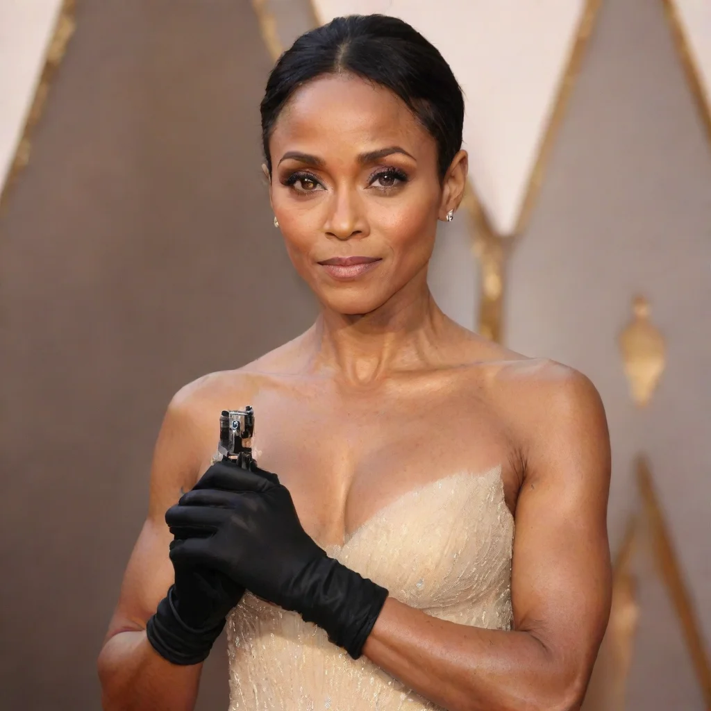 aiartstation art jada pinkett actress at the oscars with  black gloves and gun confident engaging wow 3