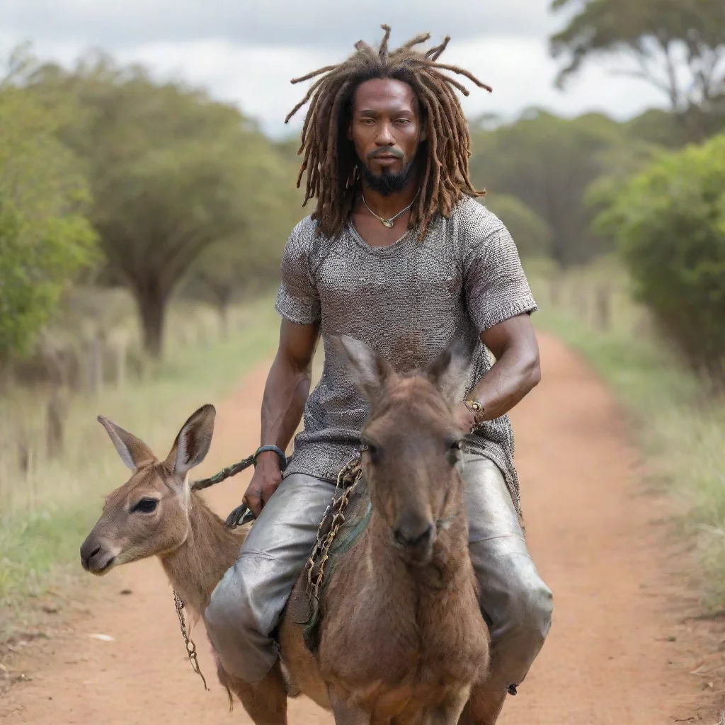 aiartstation art jamaicanman with dreadlocks and chainmail riding a kangaroo confident engaging wow 3