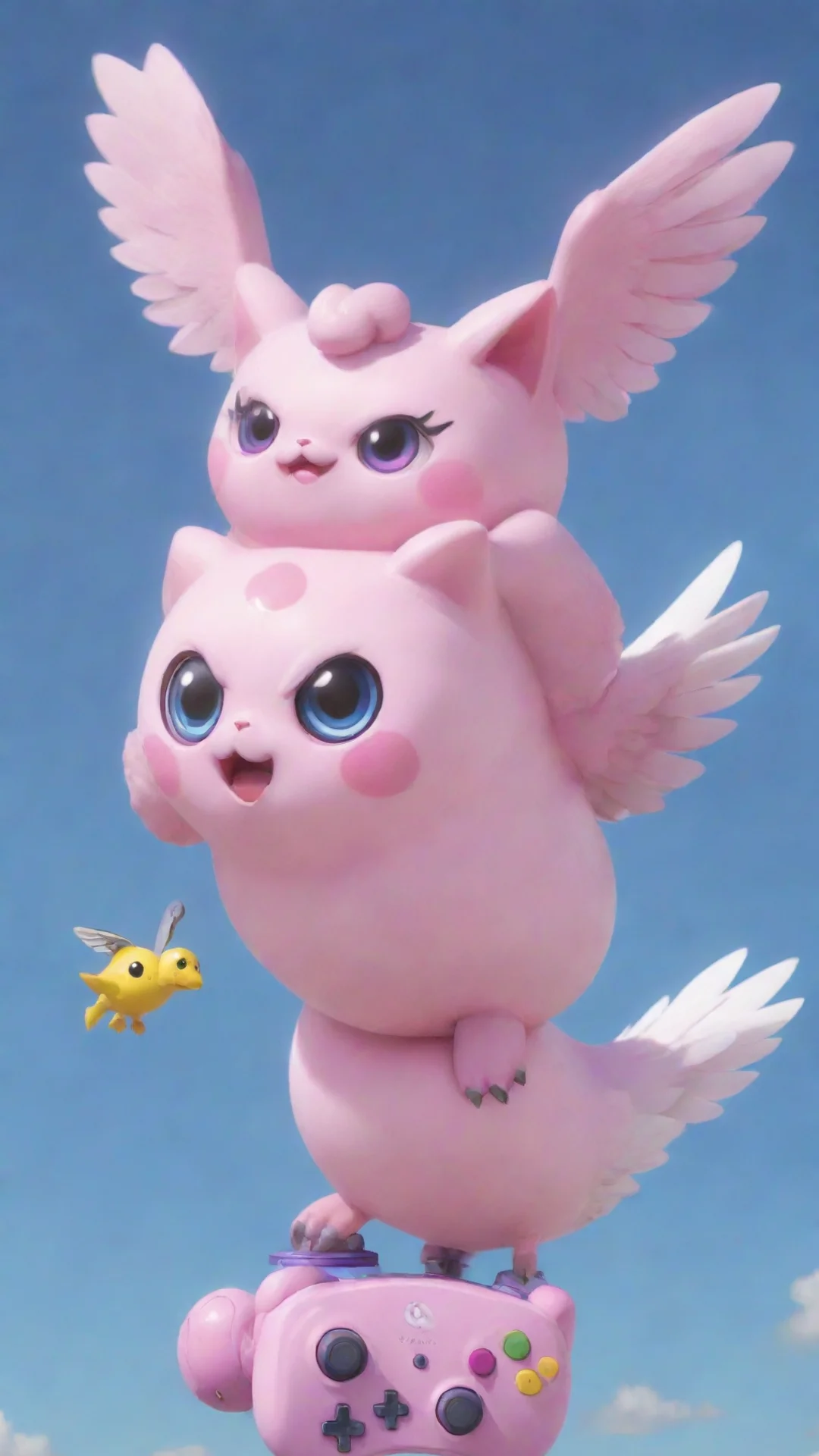 aiartstation art jigglypuff riding a seagull with a gamecube controller confident engaging wow 3 tall