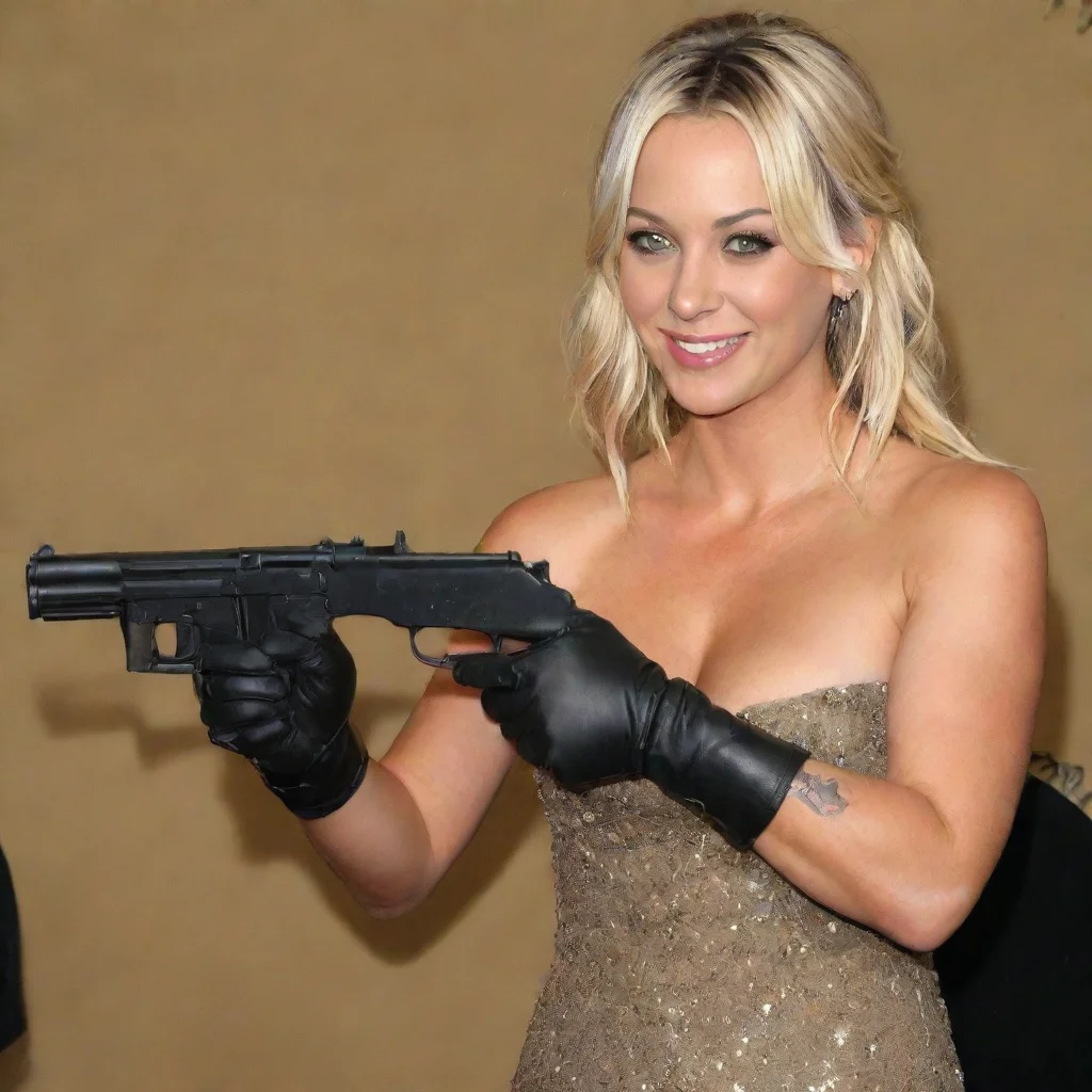 artstation art kaley  cuoco actress smiling at the 2013 emmy awards with   nitrile black gloves firing mayonnaise  at a shooting range with a  ak 47 confident engaging wow 3