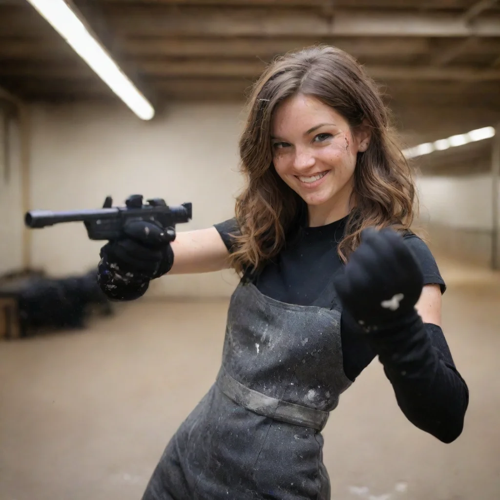 artstation art katherine norland smiling with black gloves and  gun shooting and splattering mayonnaise everywhere at a shooting range confident engaging wow 3