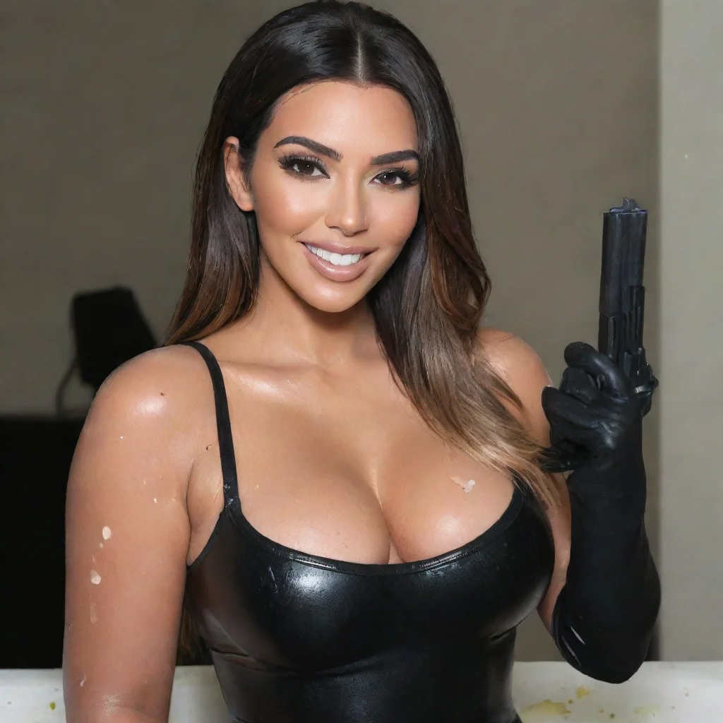 aiartstation art kim kardashian  smiling  with black nitrile gloves and gun  and  mayonnaise splattered everywhere confident engaging wow 3