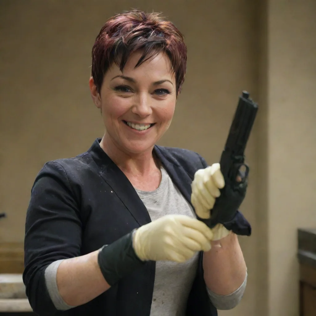artstation art kim rhodes as carey martin smiling with nitrile gloves and gun and mayonnaise splattered everywhere confident engaging wow 3