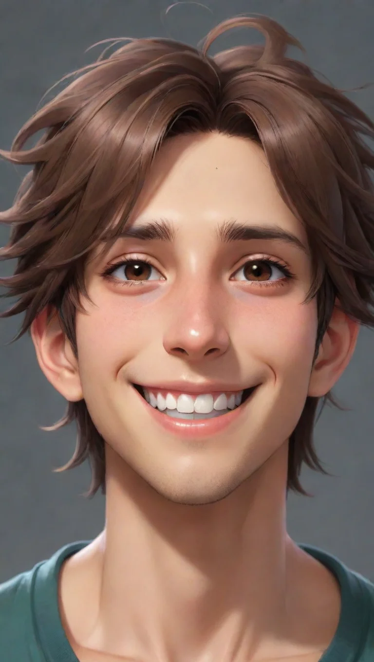 artstation art kind anime guy boofy hair brown hair tanned skin smile ghibli really detailed look eyes clear artstation best attractive confident engaging wow 3 tall