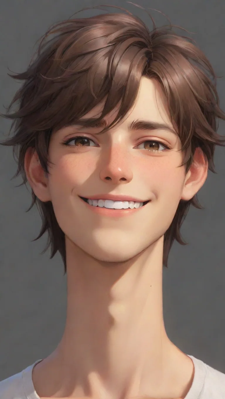 artstation art kind anime guy boofy hair brown hair tanned skin smile ghibli really detailed look eyes clear artstation best confident engaging wow 3 tall