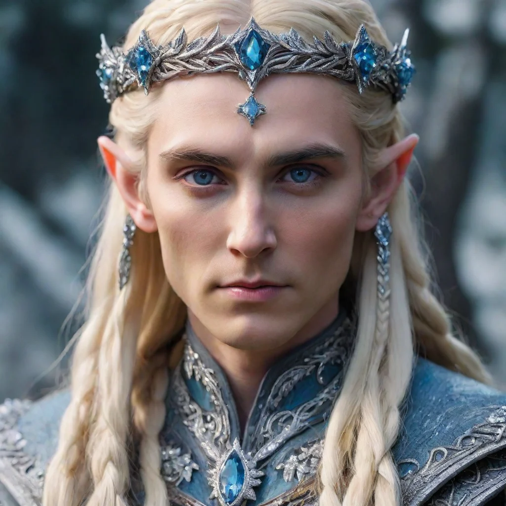 aiartstation art king thranduil with blond hair and braids wearing silver flowers encrusted with diamonds to form a silver elvish circlet with large center bluish diamond confident engaging wow 3