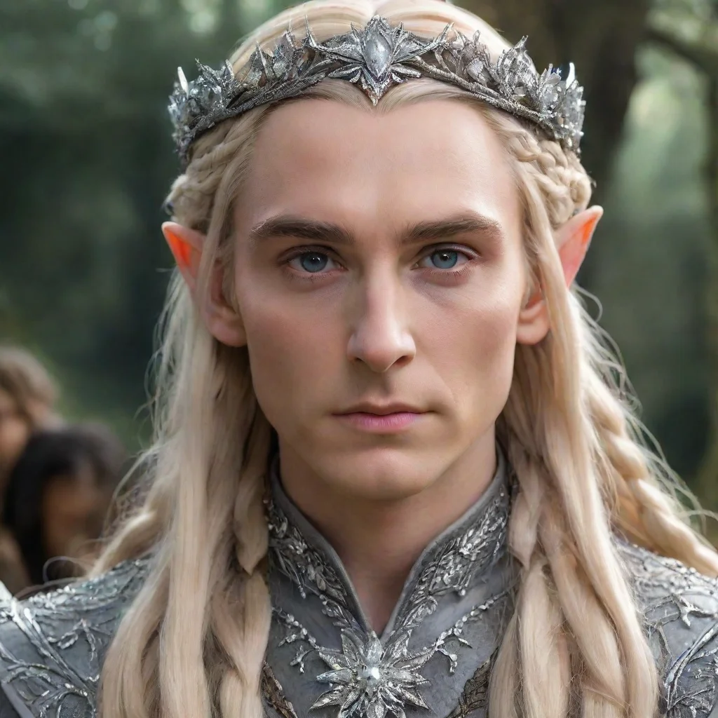 artstation art king thranduil with blonde hair and braids wearing silver flower elvish circlet encrusted with diamonds and pearls with large center diamond confident engaging wow 3