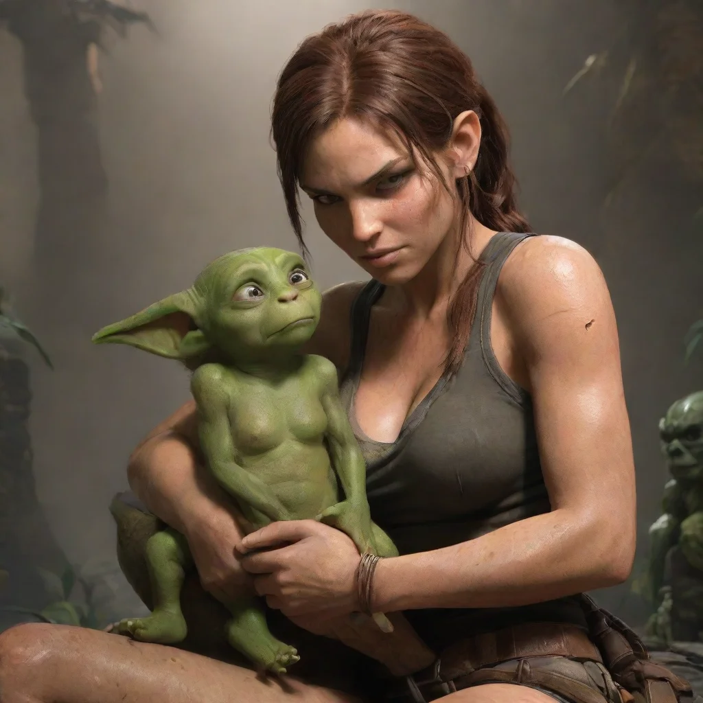 aiartstation art lara croft cuddles with goblin confident engaging wow 3