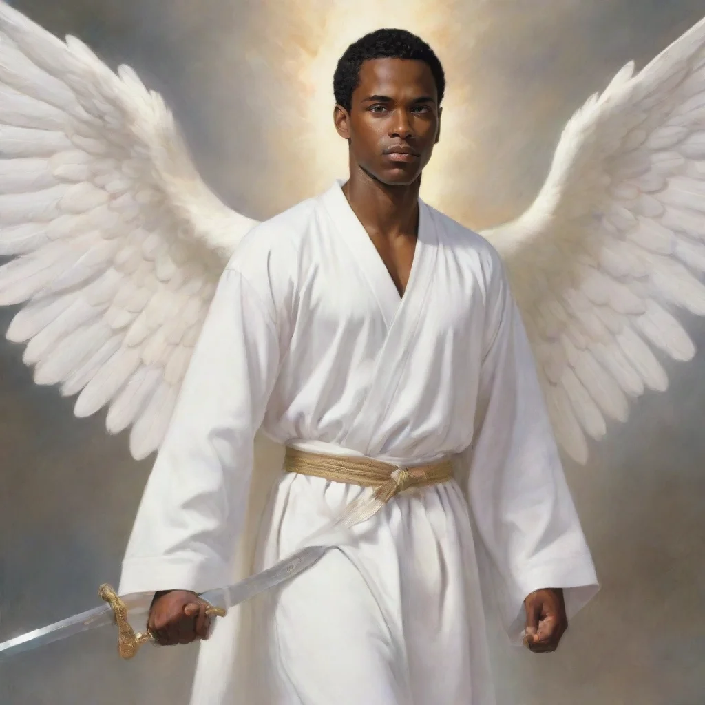 artstation art latter day saint christian angel black man carrying a sword wearing a white robe  confident engaging wow 3