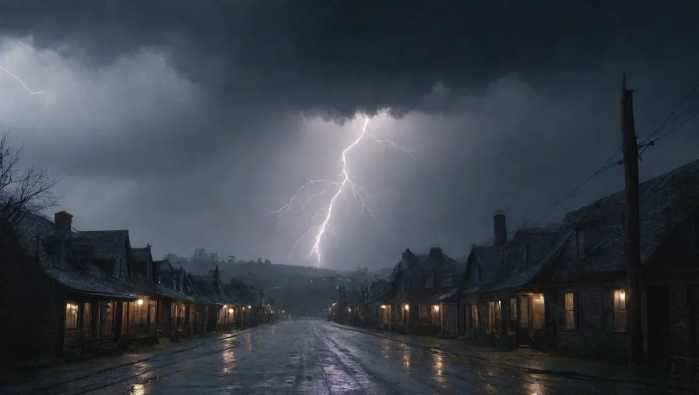 aiartstation art lightning dark horror vibe hd detailed town 1800s thunderstorm rain aesthetic confident engaging wow 3 widescreen