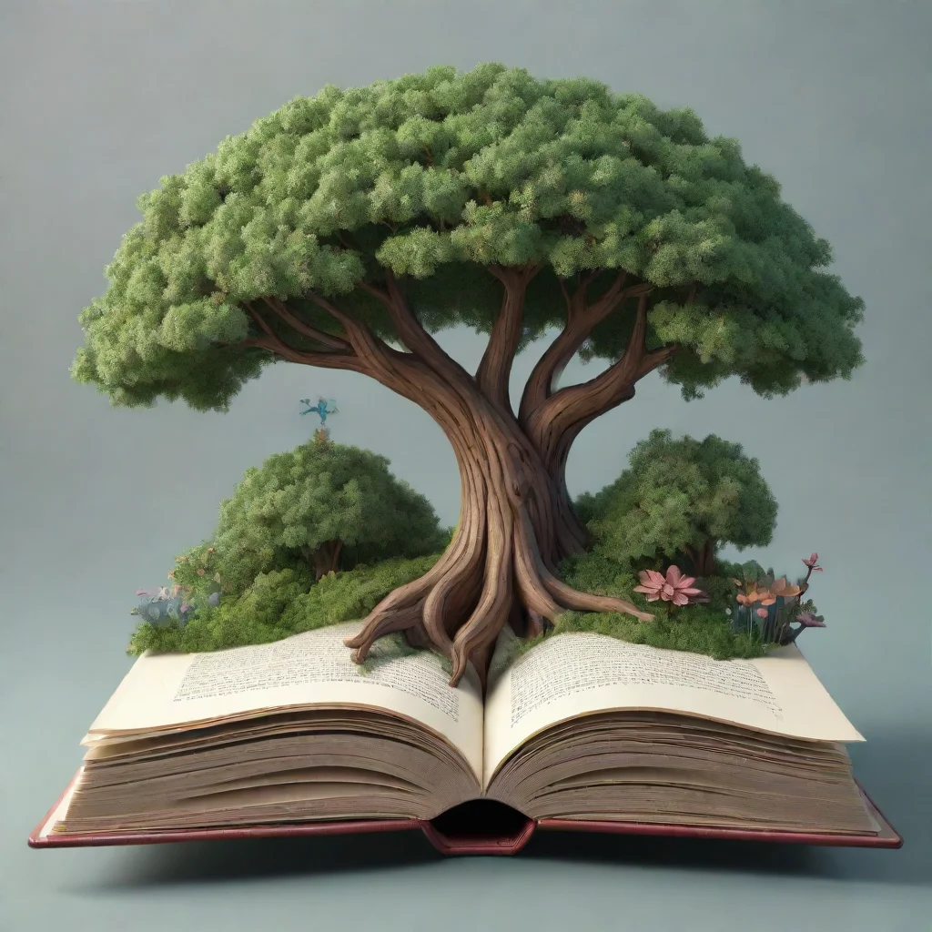 aiartstation art logo of an open book with many pages and a forest on top with just 4 trees of different sizes but all in flower. no background confident engaging wow 3