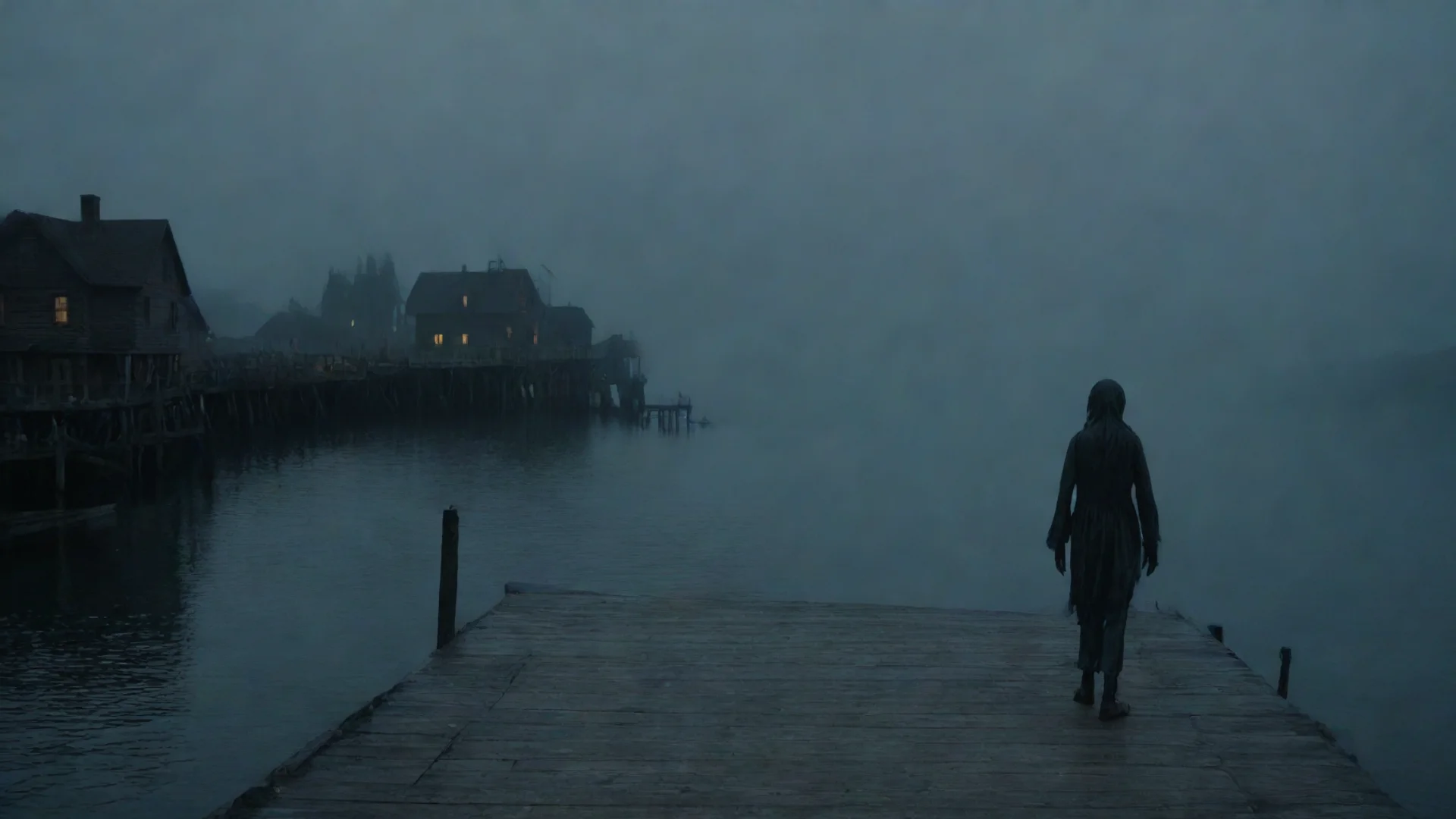 artstation art looking at scary town from sea rundown scary figure on dock looking back hd confident engaging wow 3 wide