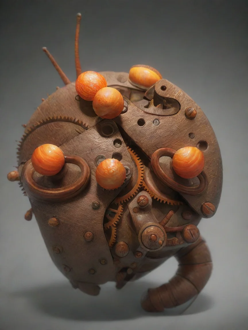 aiartstation art make a monster using this image. is a mechanical monster with long wooden arms an claws and mechanical bulky legs.glowing orange snail like eyes. confident engaging wow 3