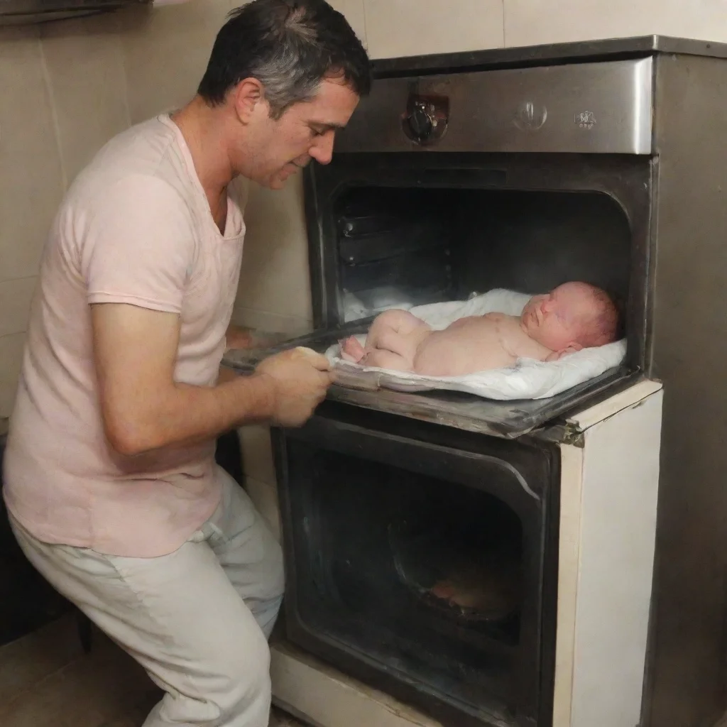aiartstation art man cooking a newborn baby in a oven confident engaging wow 3