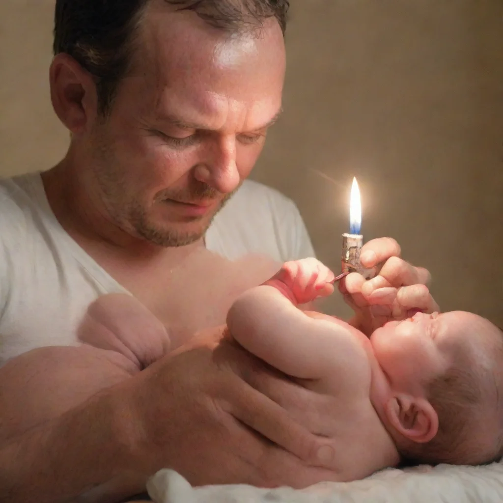 artstation art man lighting a lighter on a newborn baby confident engaging wow 3
