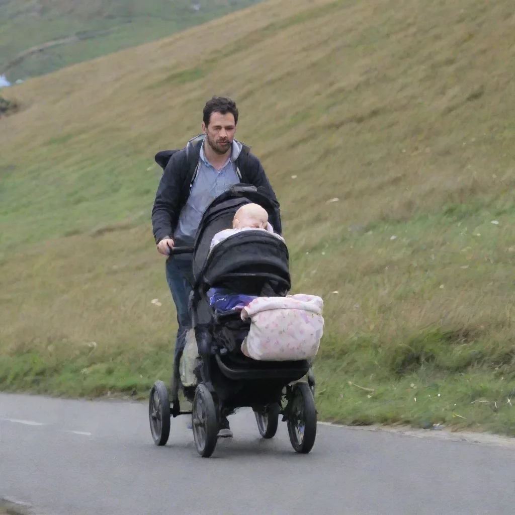 aiartstation art man push a baby in a pram down a hill confident engaging wow 3