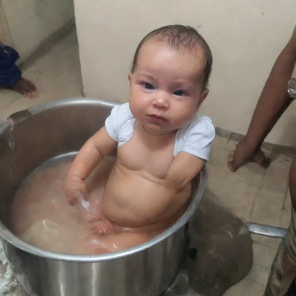 aiartstation art man puts newborn baby in to pot of boiling water to cook confident engaging wow 3