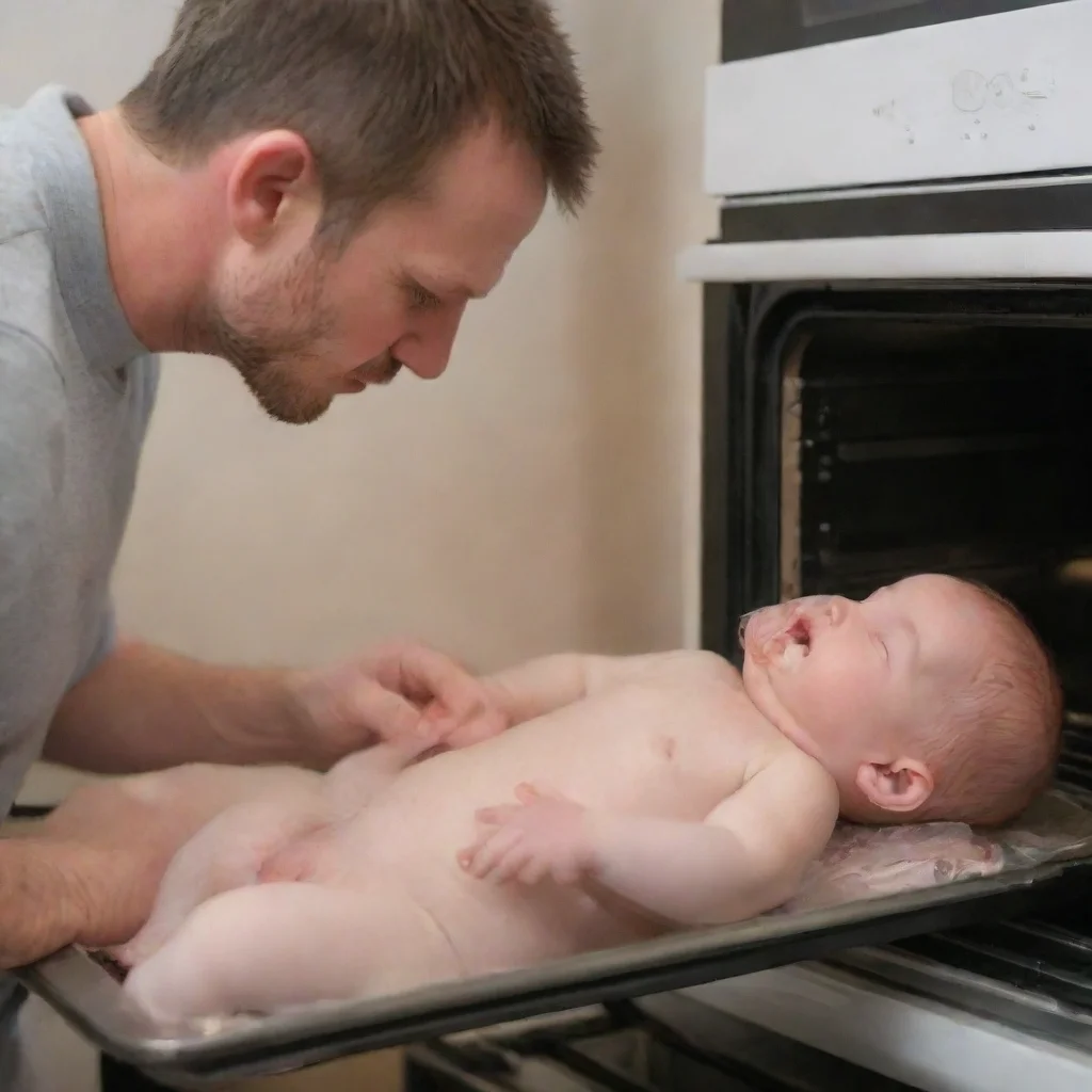 aiartstation art man puts newborn baby on a tray in the oven confident engaging wow 3