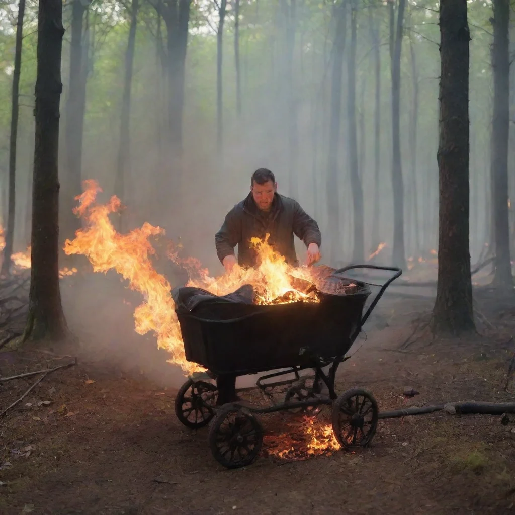 aiartstation art man putting a newborn baby in a buggy in the woods on fire confident engaging wow 3