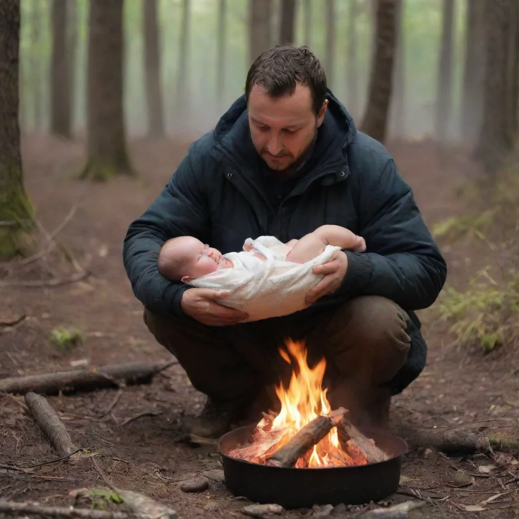 aiartstation art man putting a newborn baby in a campfire in the woods on fire confident engaging wow 3