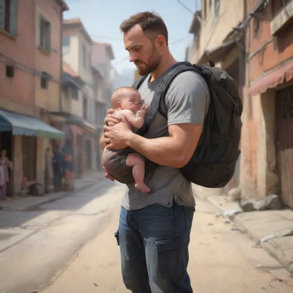 aiartstation art man putting a newborn baby in a ruck sack confident engaging wow 3