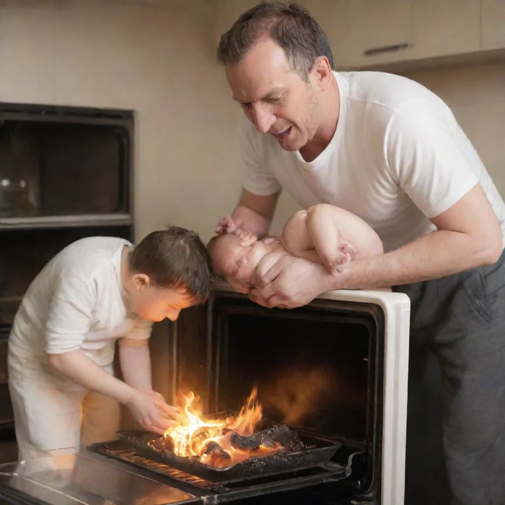 aiartstation art man putting a newborn baby on a oven on fire confident engaging wow 3