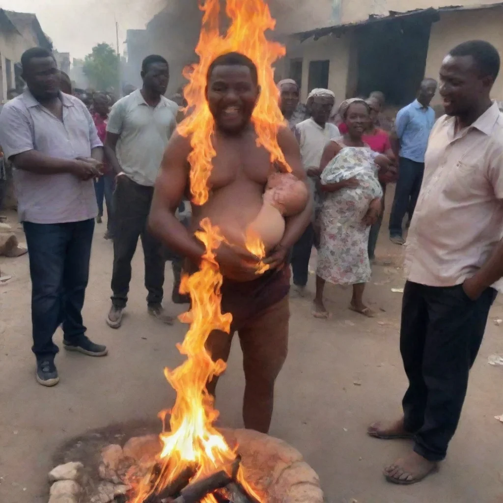 aiartstation art man sacrifices newborn baby on a fire while other people laugh confident engaging wow 3