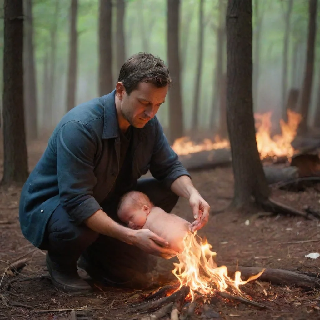 aiartstation art man setting a newborn baby in a  in the woods on fire confident engaging wow 3