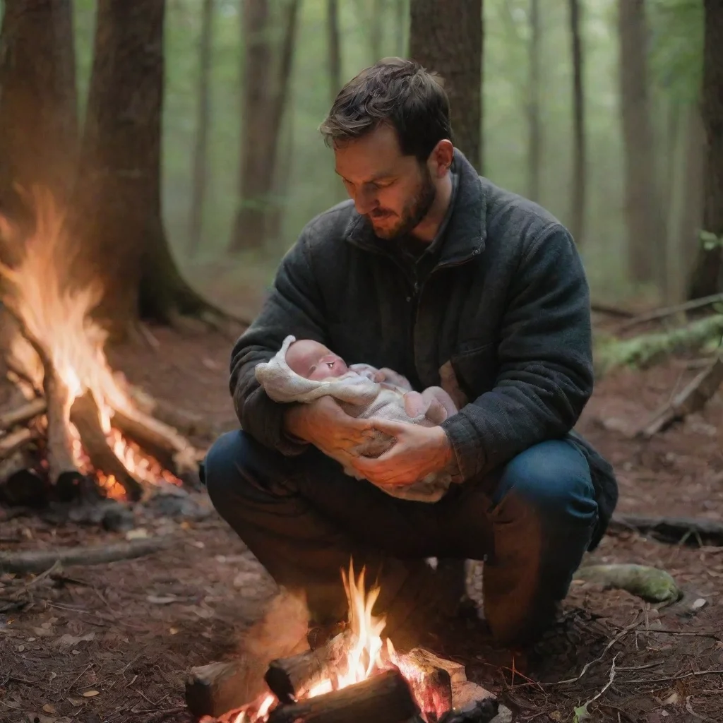 aiartstation art man setting a newborn baby in a campfire in the woods confident engaging wow 3