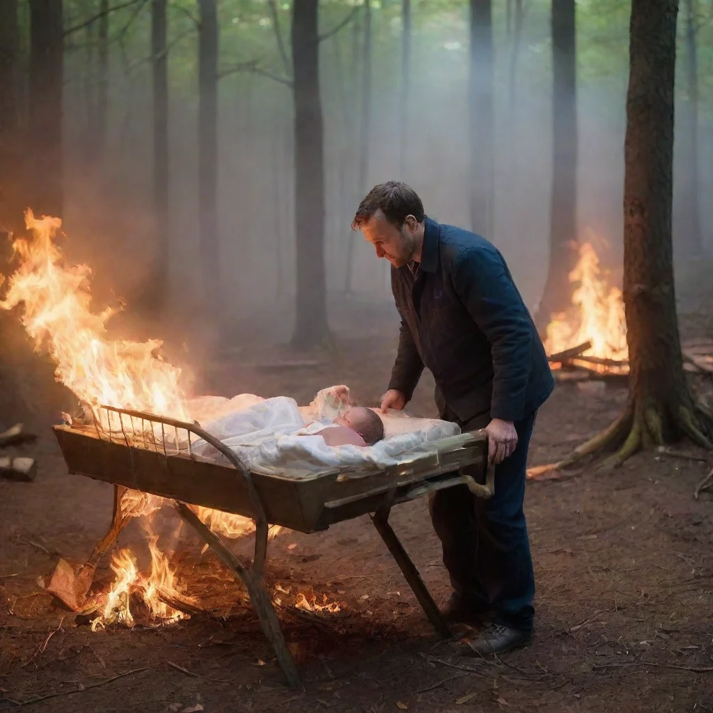 aiartstation art man setting a newborn baby in a cot in the woods on fire confident engaging wow 3