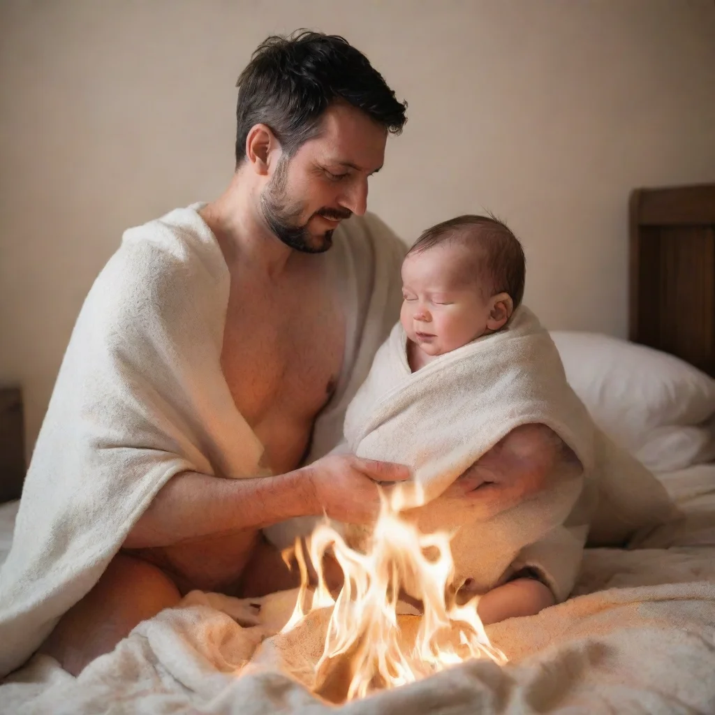 aiartstation art man setting a newborn baby in a in a blanket on fire confident engaging wow 3