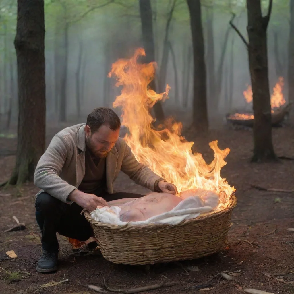 aiartstation art man setting a newborn baby in a moses basket in the woods on fire confident engaging wow 3